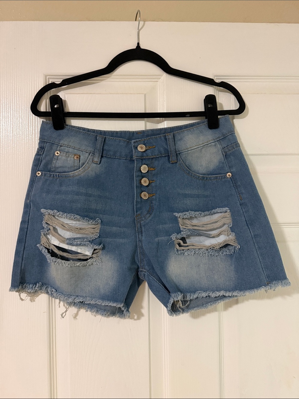 Womens Distressed High-Rise Denim Shorts - Light Blue